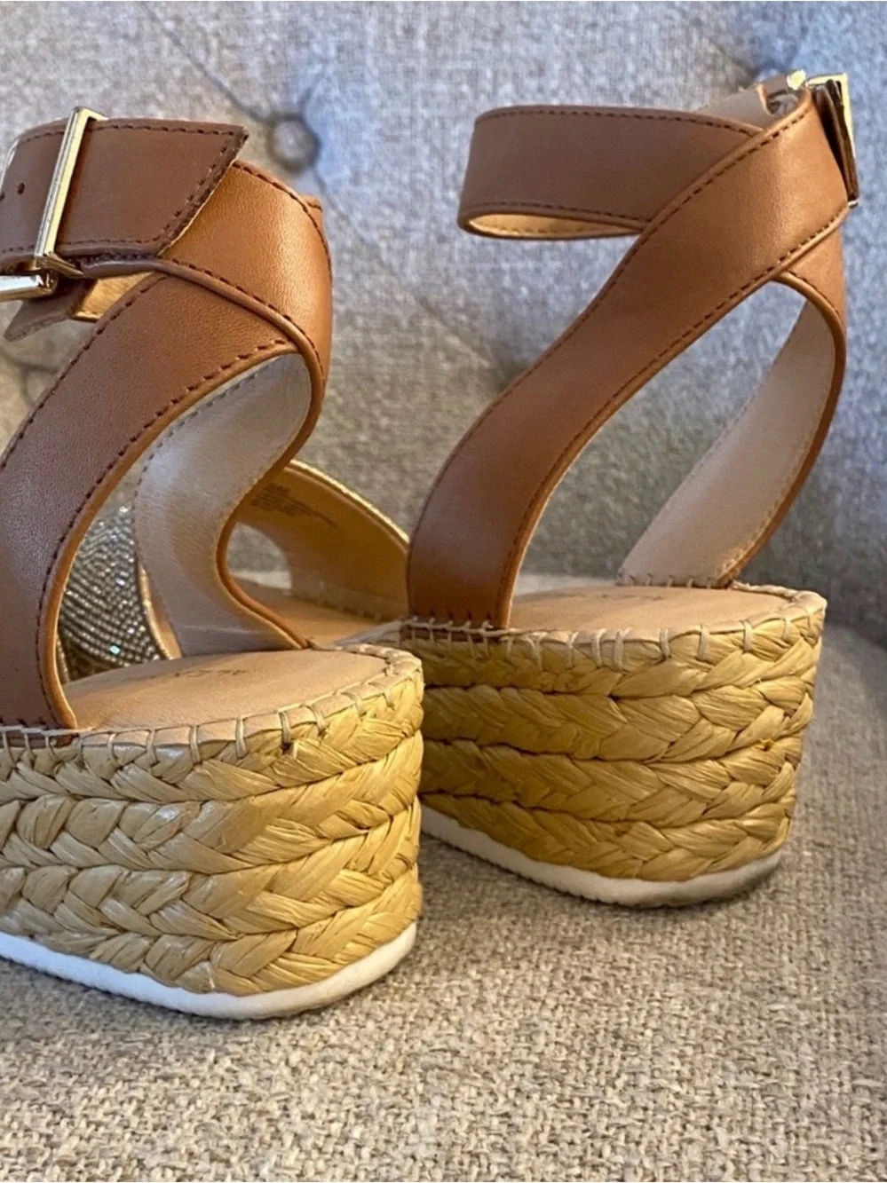 Alex Marie Rhinestone Espadrille Wedge Sandals Tan 6.5M